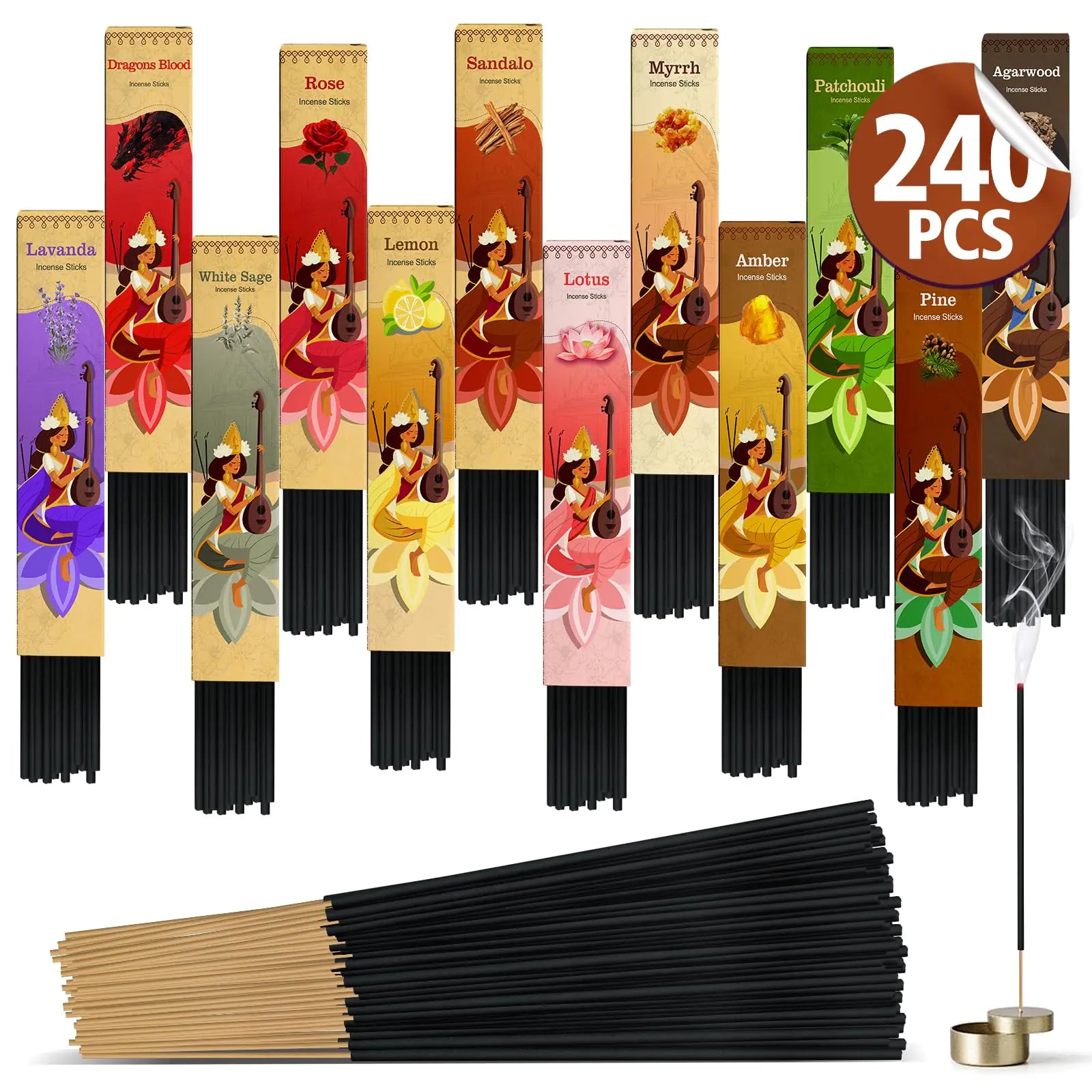 Incense Sticks Variety Pack-240 Insence-Sticks (12Incents x 20 Insense) -White Sage Palo Santo Dragons Blood Sandalo-Natural Inscents-Sticks Non Toxic Cleansing Incienso＋Slow Burning Inscents